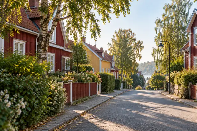 Lugn villagata i morgonsol med röda och gula trähus med vita knutar, björkar och staket längs trottoaren.
